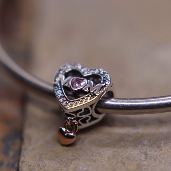 Sparkling Pink Heart Mom Bracelet Charm - S925 Sterling Silver Fits Pandora - Picture 4 of 5